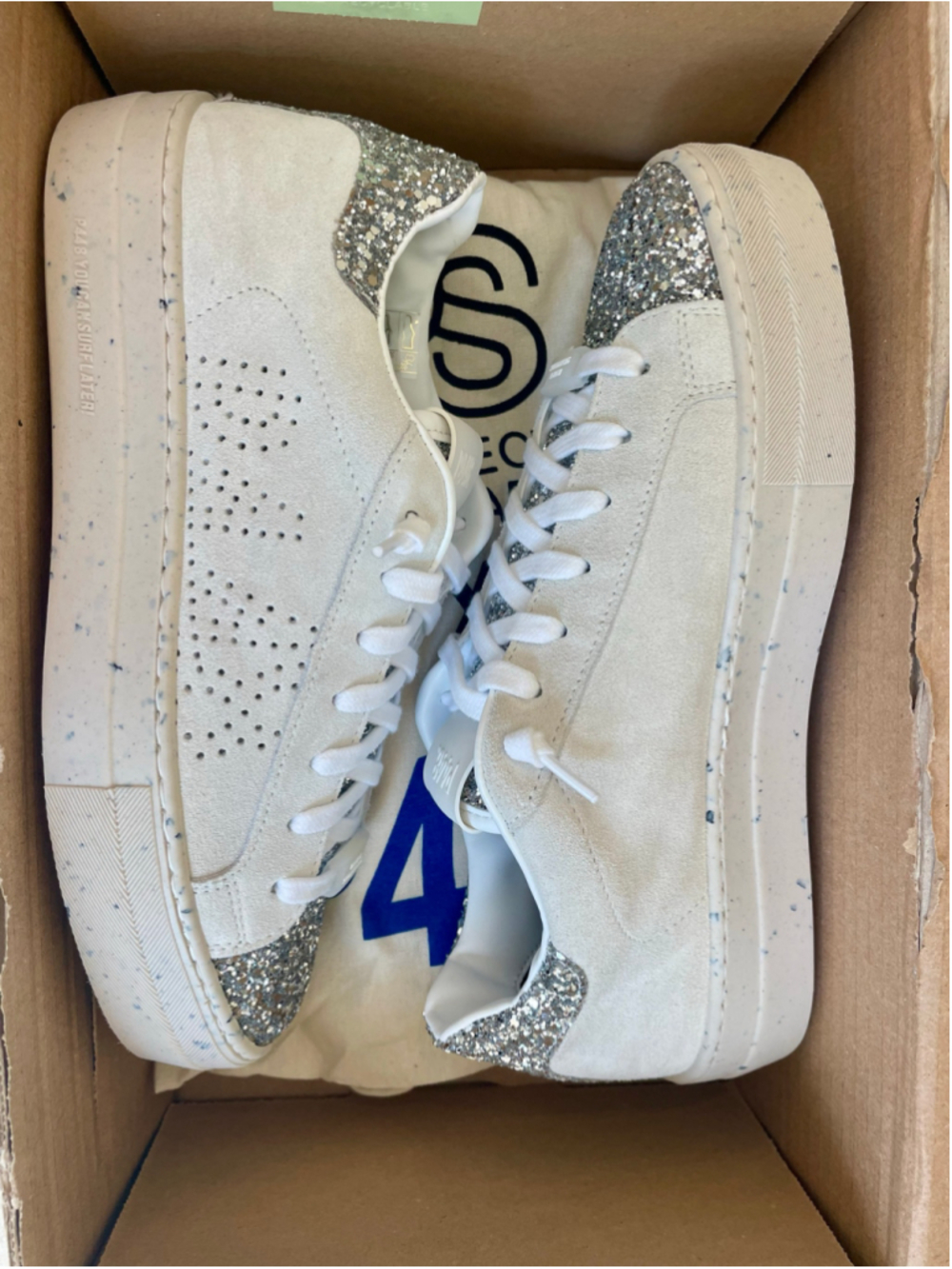 P448 Thea Womens Platform Sneakers EU 38 US 7-7.5 White Silver Glitter Italy NIB